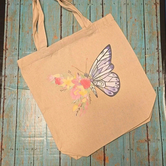 Hand Crafted| Canvas Tote | Butterfly decal | Medium Size | Beige - Picture 1 of 6